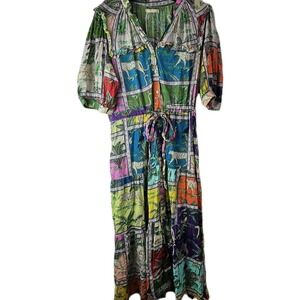 LOLA‎ Australia NWOT Animal Print Boho Bohemian Midi LS Button Tie Waist Dress M